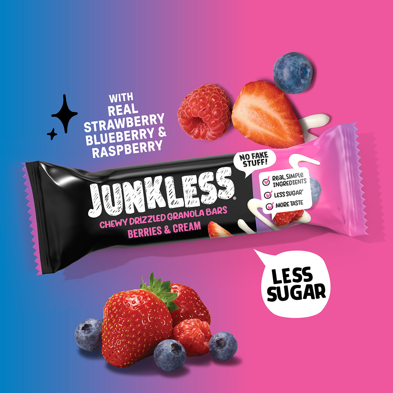 Junkless chewy drizzled granola bar with berries on a gradient background