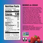 Nutrition facts label and ingredients list for a berries and cream product on a colorful background.