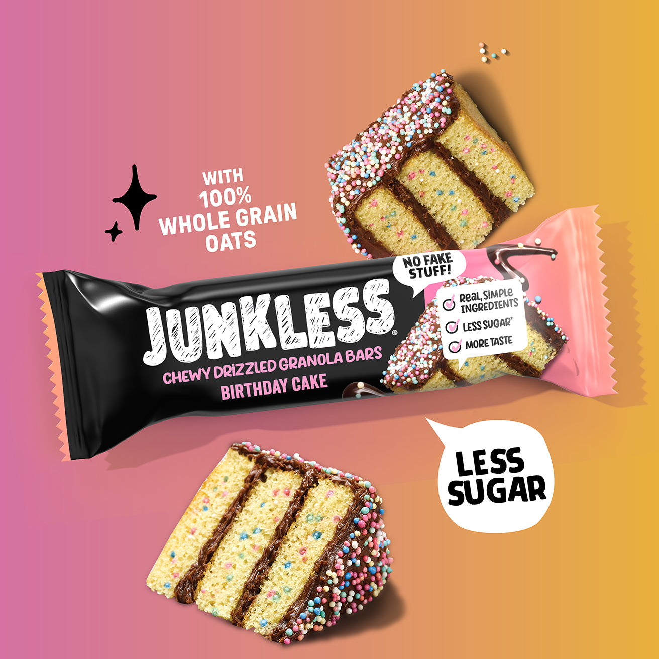 Junkless chewy drizzled granola bar packaging with birthday cake flavor on a gradient background