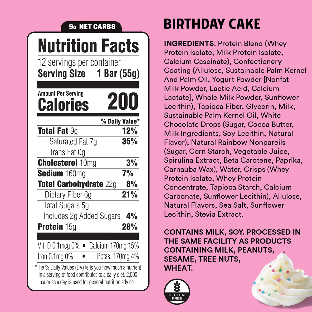Nutrition facts label and ingredients list for a birthday cake-flavored protein bar on a pink background.