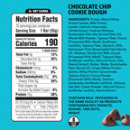 Nutrition facts label and ingredients list for a chocolate chip cookie dough protein bar on a blue background.
