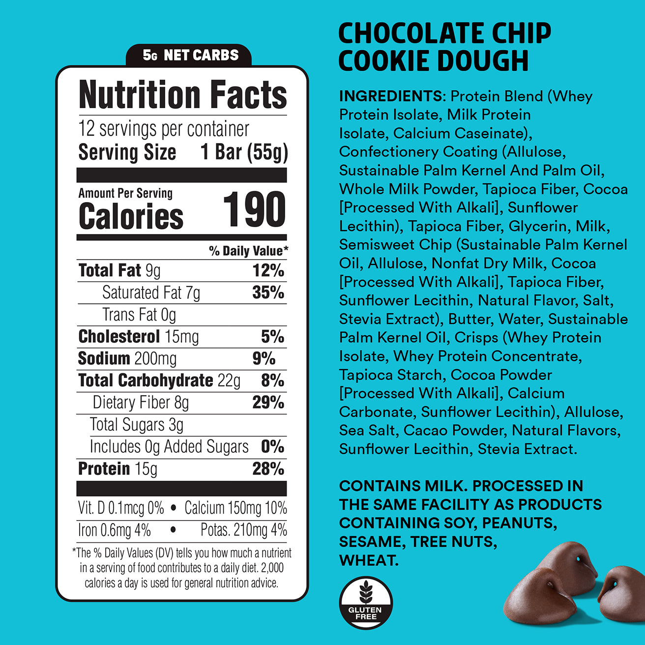 Nutrition facts label and ingredients list for a chocolate chip cookie dough protein bar on a blue background.