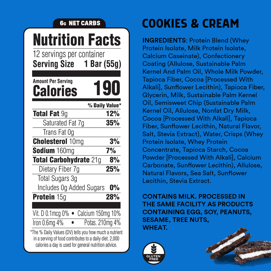 Nutrition facts label and ingredients list for a cookies and cream product on a blue background.