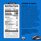 Nutrition facts label and ingredients list for a cookies and cream product on a blue background.