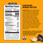 Nutrition facts label and ingredients list for chocolate peanut butter on an orange background