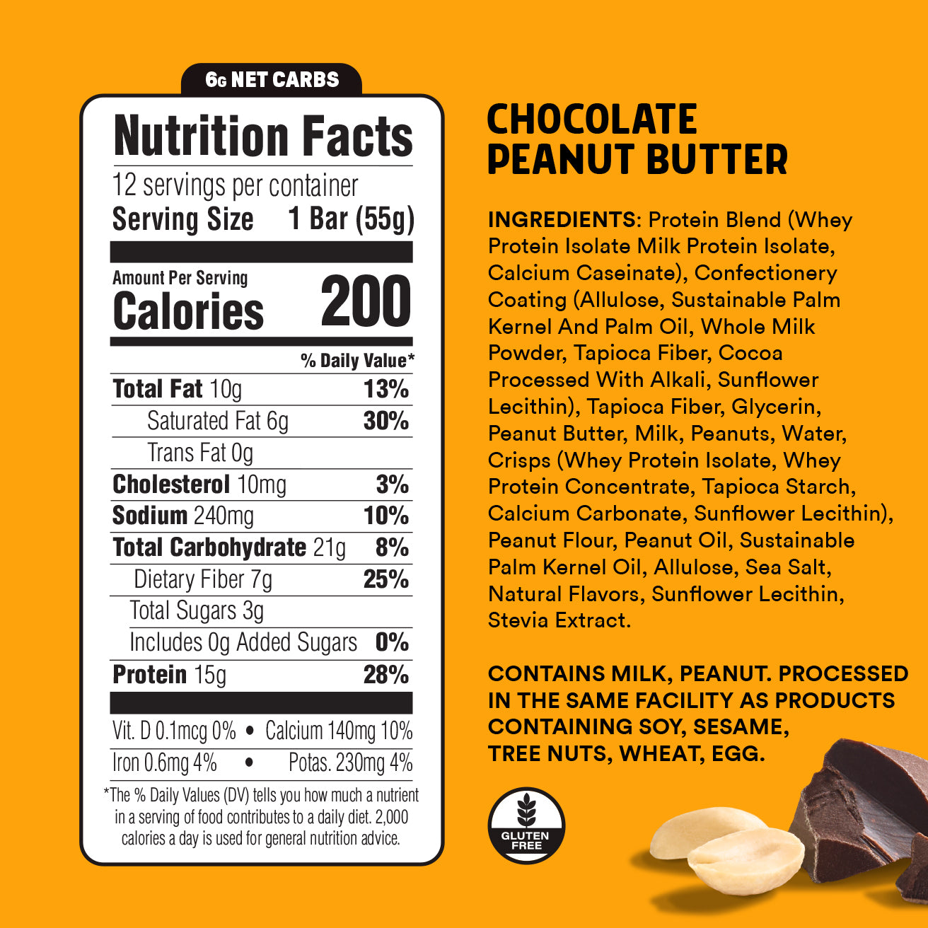 Nutrition facts label and ingredients list for chocolate peanut butter on an orange background