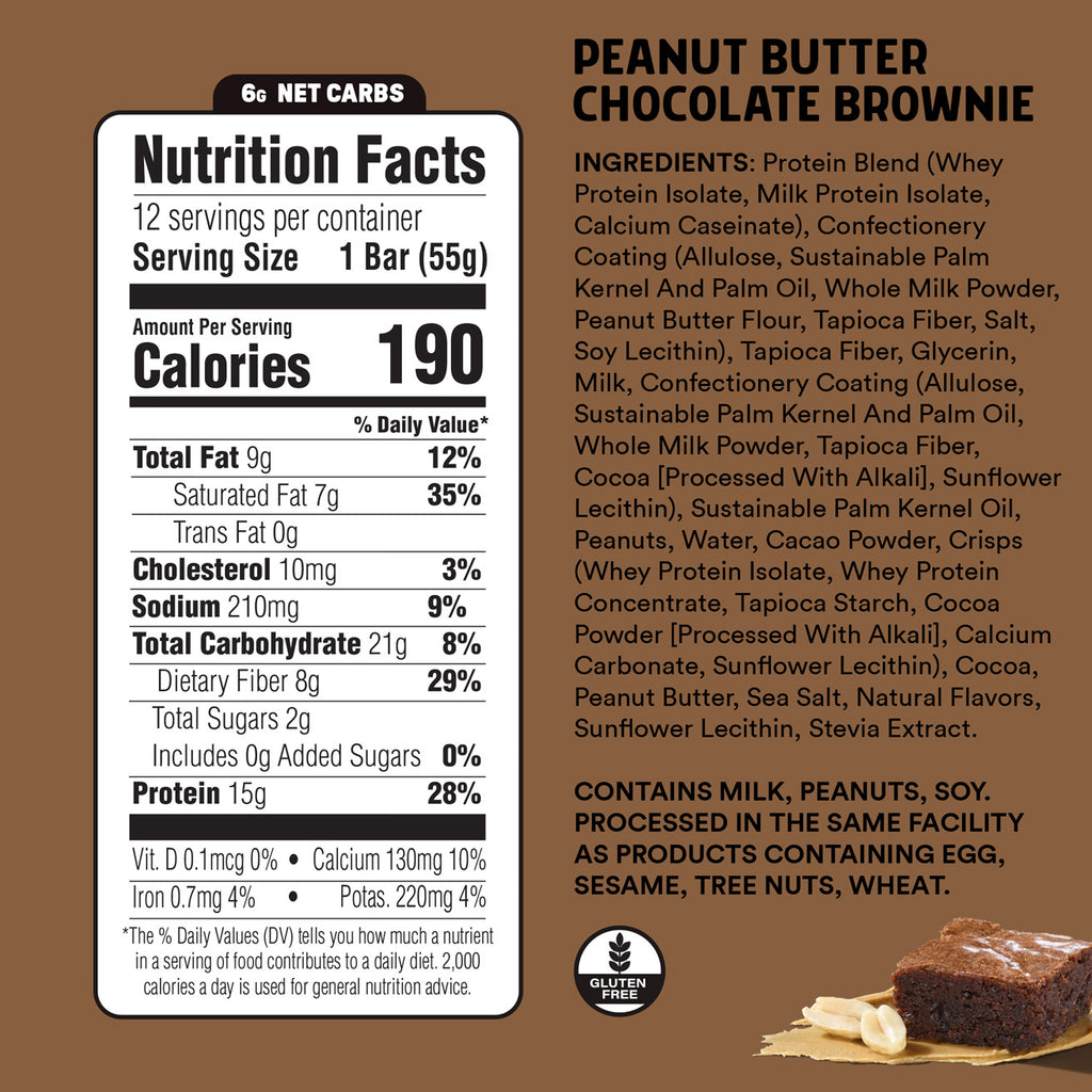 Nutrition facts label and ingredients list for a cookies and cream protein bar on a brown background.