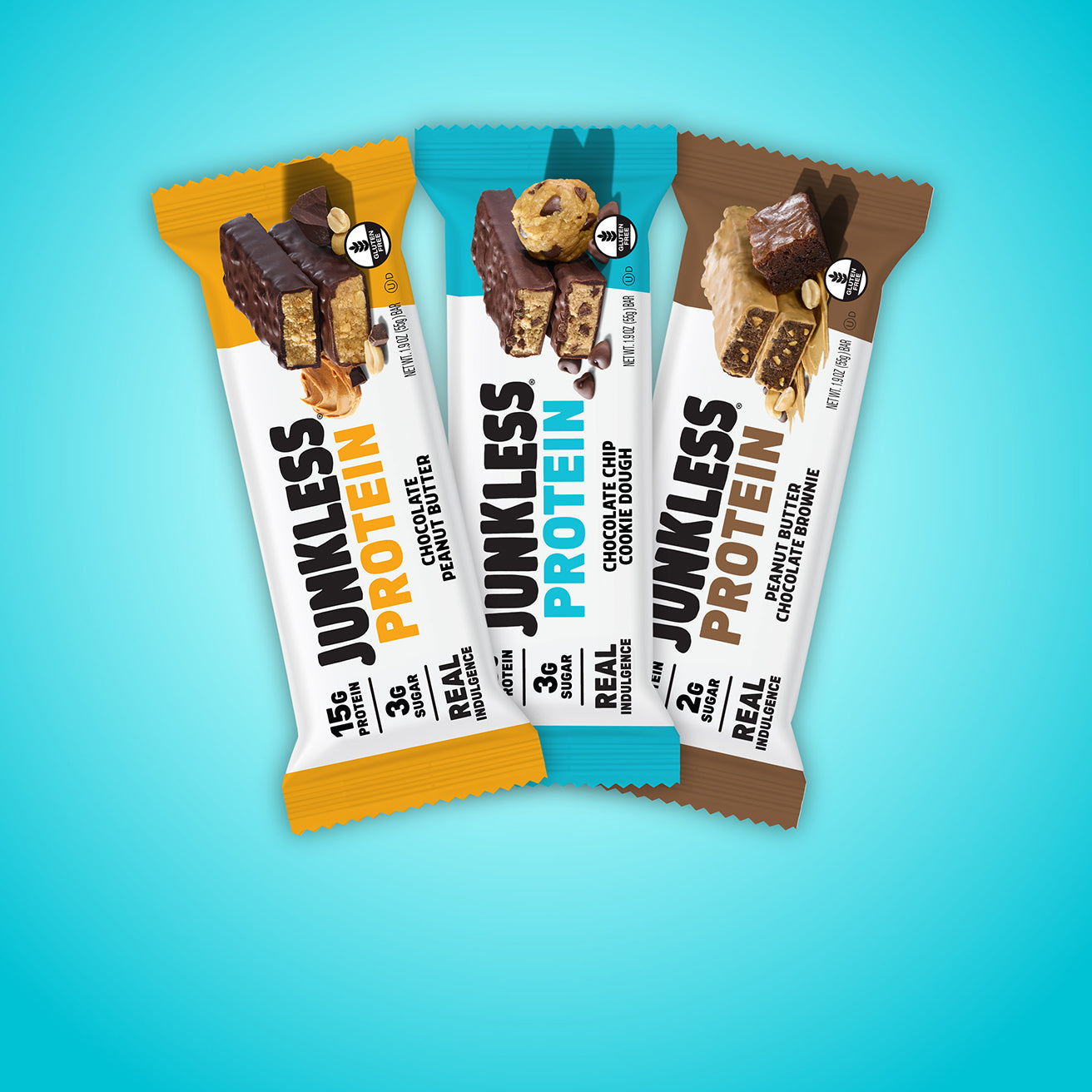 3 Junkless Protein bars fanned on a blue background