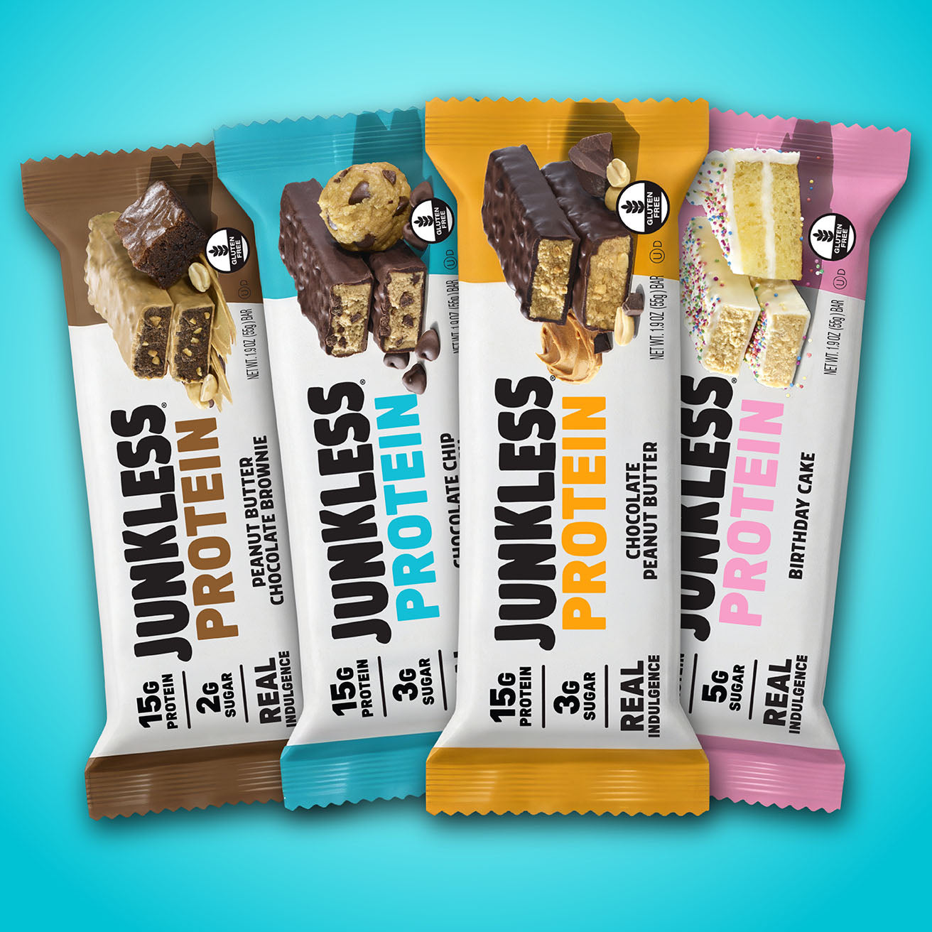 4 Junkless Protein bars fanned on a blue background