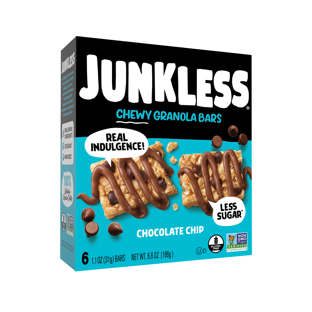 Box of Junkless Chewy Granola Bars with chocolate chip flavor on a white background