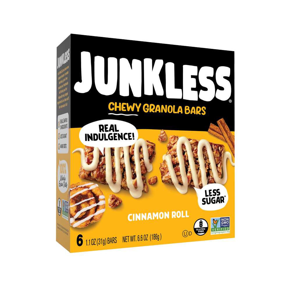 Box of Junkless Chewy Granola Bars with cinnamon roll flavor on a white background