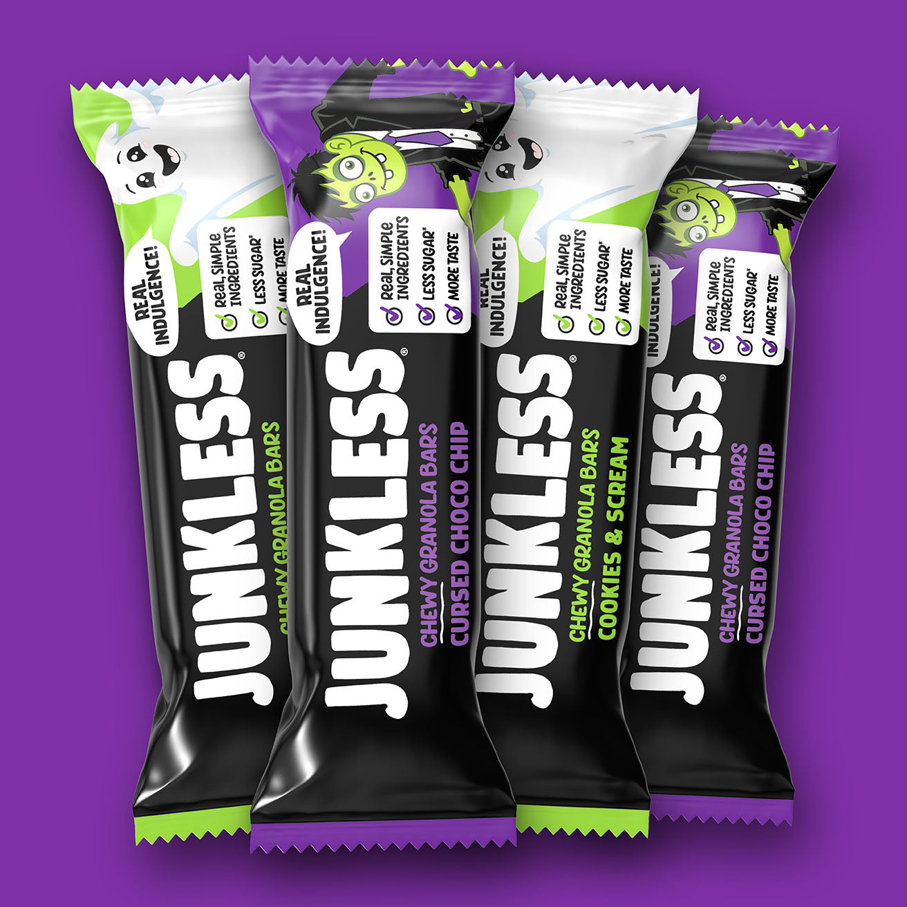 Four Junkless Chewy Granola Bars arranged in a fan shape on a solid purple background. The bars are individually wrapped in black, white, and purple packaging with green accents, featuring flavors: Cherry Granola Bars, Cookies & Cream, and Cured Chocolate Chip.