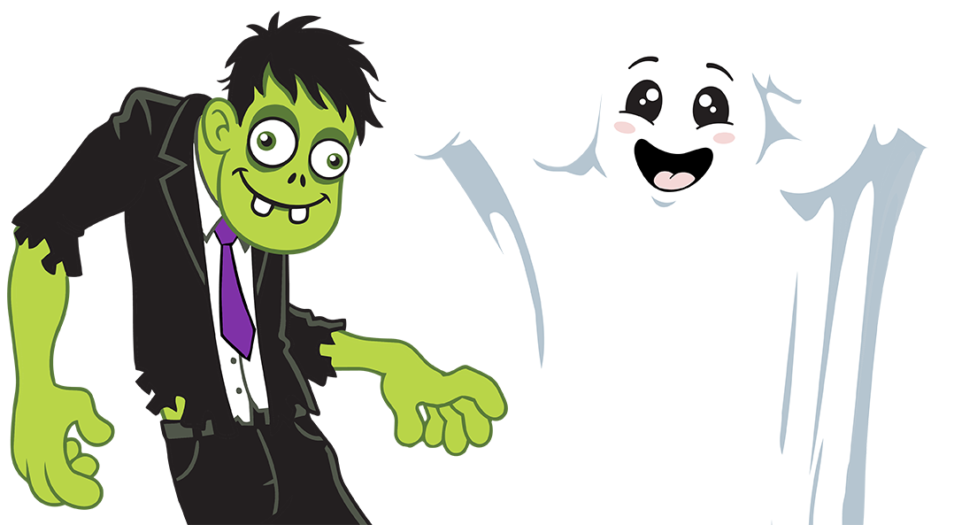 Cartoon illustration of a green-skinned zombie in a black tattered suit and purple tie next to a smiling white ghost on a plain white background.