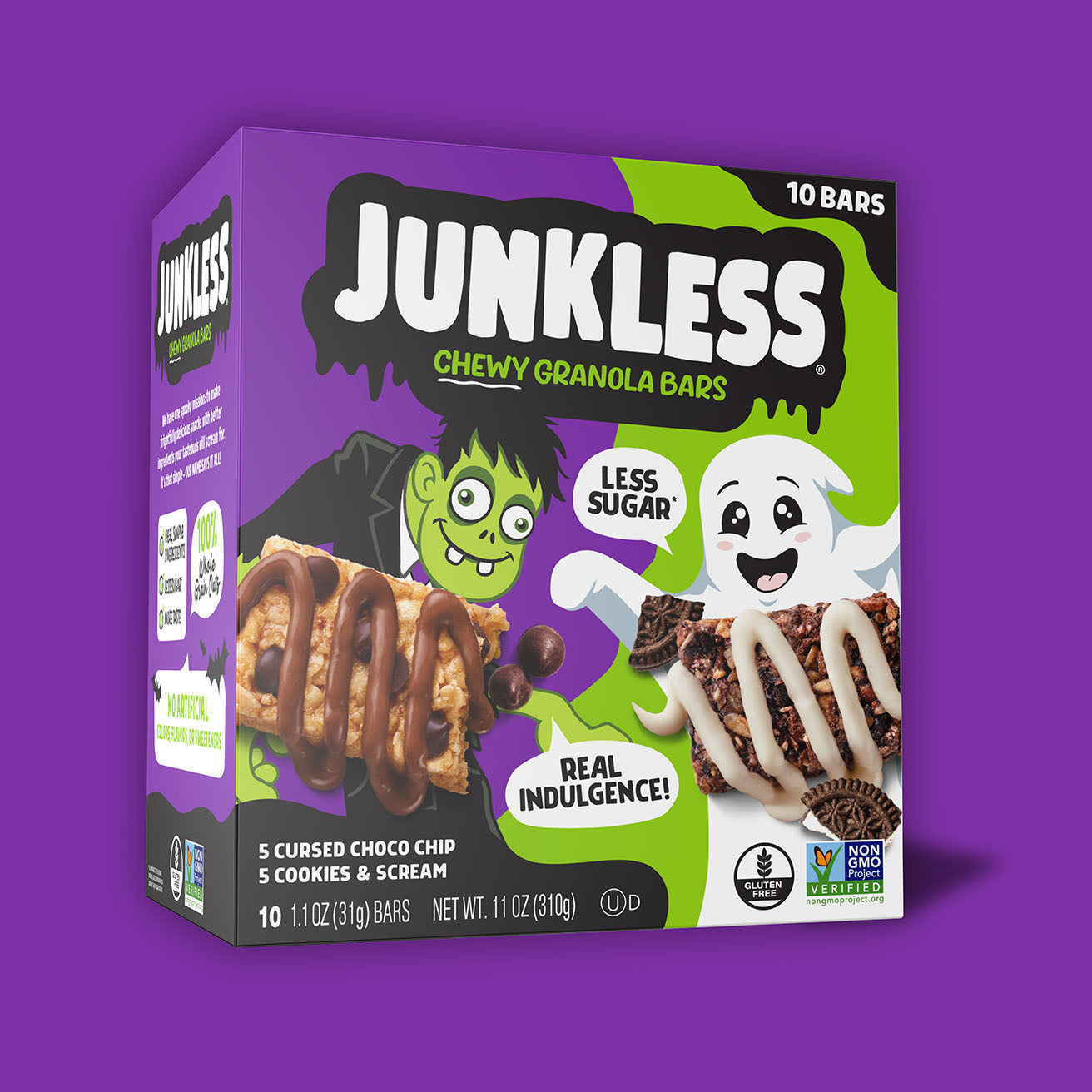 A box of Junkless Chewy Granola Bars, featuring a purple and lime green design with illustrations of the Frankenstein and Ghostface flavors, set against a solid purple background.
