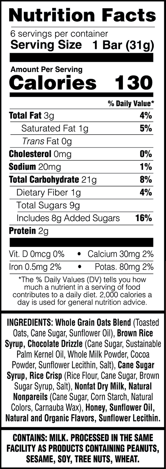 Nutrition facts label for a product with serving size, calories, and ingredient list.