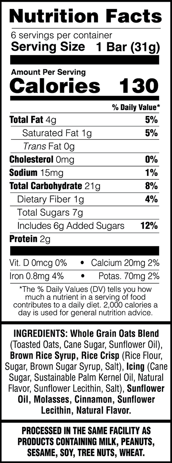 Nutrition facts label for a granola bar with serving size, calories, and ingredient list.