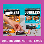 Junkless chewy granola bars packaging with a hand holding one bar on a colorful background.