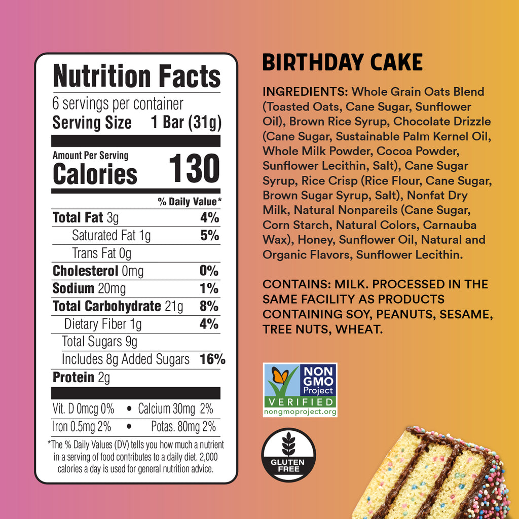 Nutrition facts label and ingredients list for a birthday cake bar on a gradient background