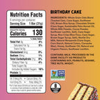 Nutrition facts label and ingredients list for a birthday cake bar on a gradient background
