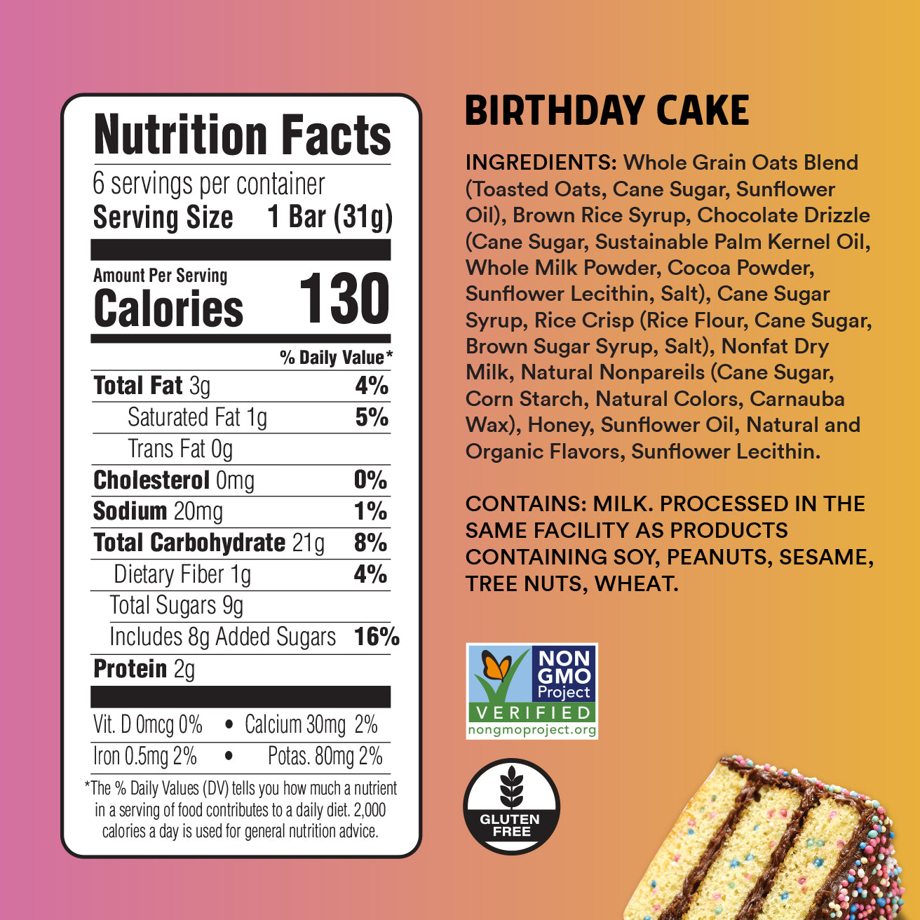 Nutrition facts label and ingredients list for a birthday cake bar on a gradient background
