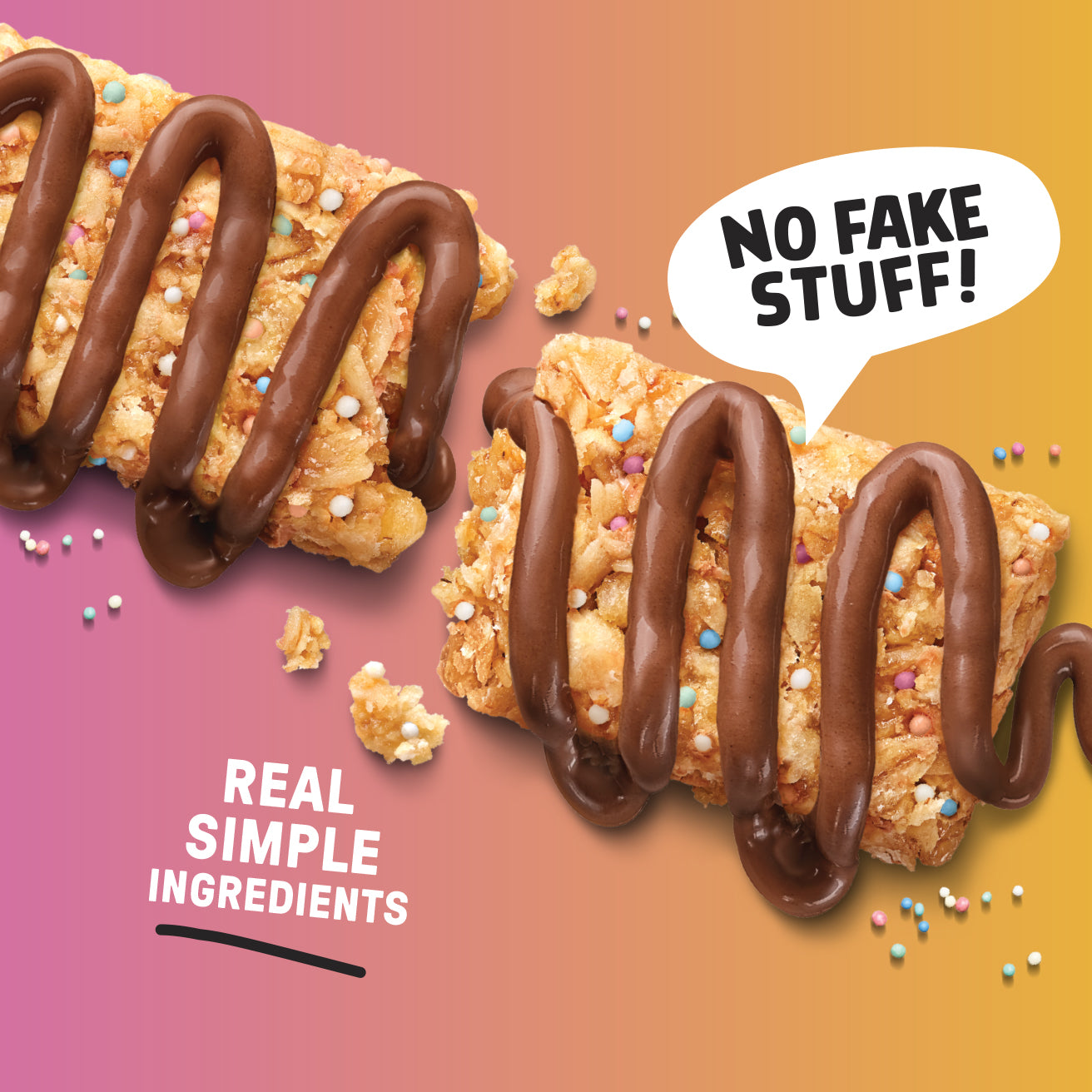 Chewy granola bar with a chocolate drizzle on a colorful background and text emphasizing 'No Fake Stuff!' and 'Real Simple Ingredients'.