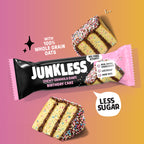 Junkless Birthday Cake chewy granola bar packaging on a gradient background