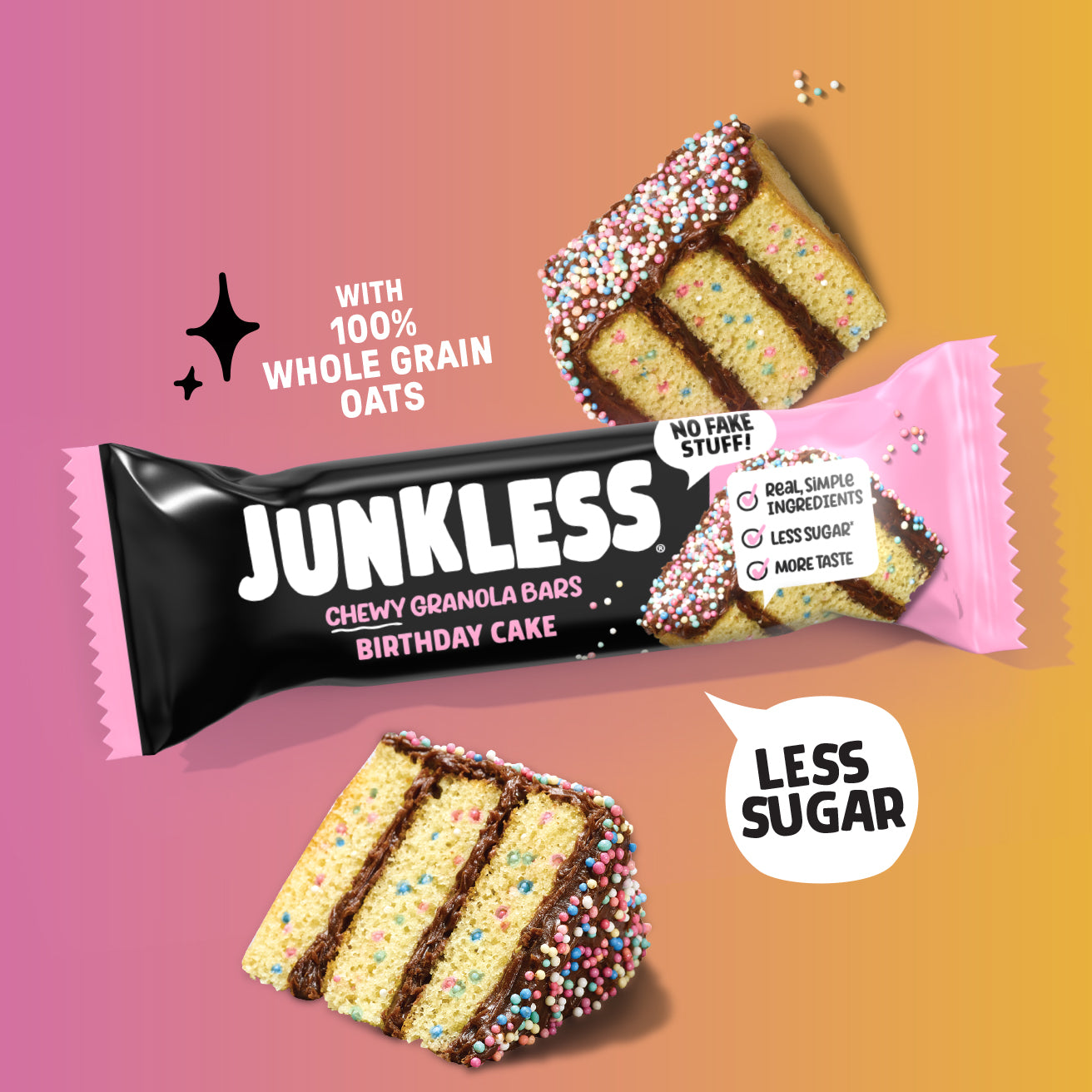 Junkless Birthday Cake chewy granola bar packaging on a gradient background