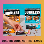 Junkless chewy granola bars packaging with a hand holding one bar on a gradient background.