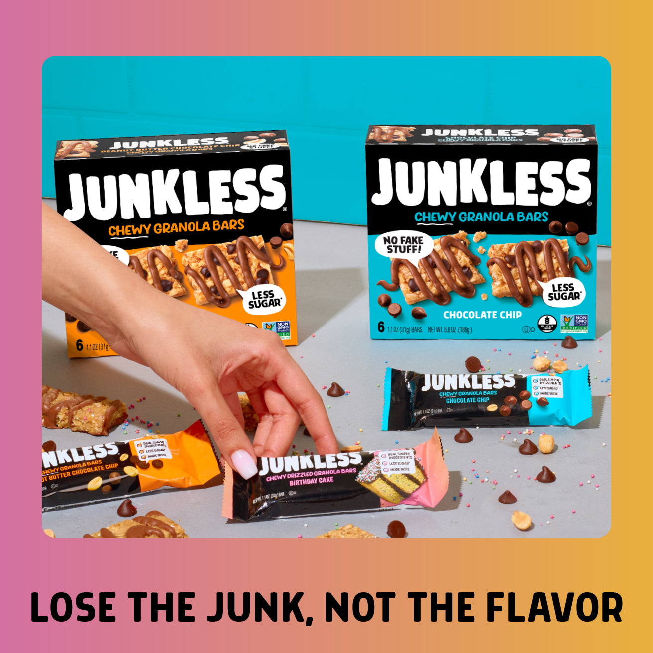 Junkless chewy granola bars packaging with a hand holding one bar on a gradient background.