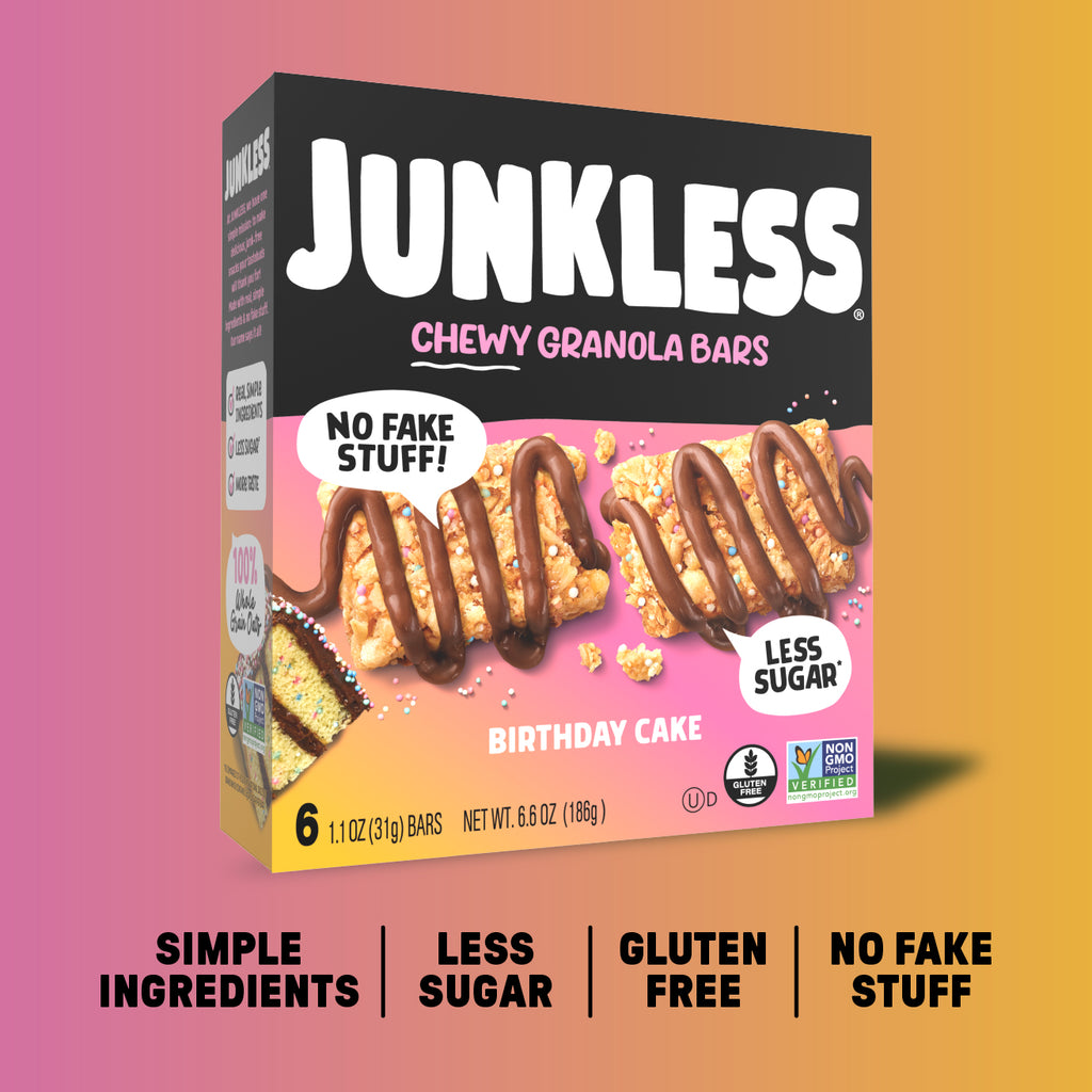 Box of Junkless Chewy Granola Bars with a pink and orange gradient background