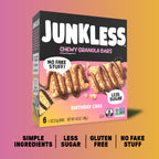 Box of Junkless Chewy Granola Bars with a pink and orange gradient background