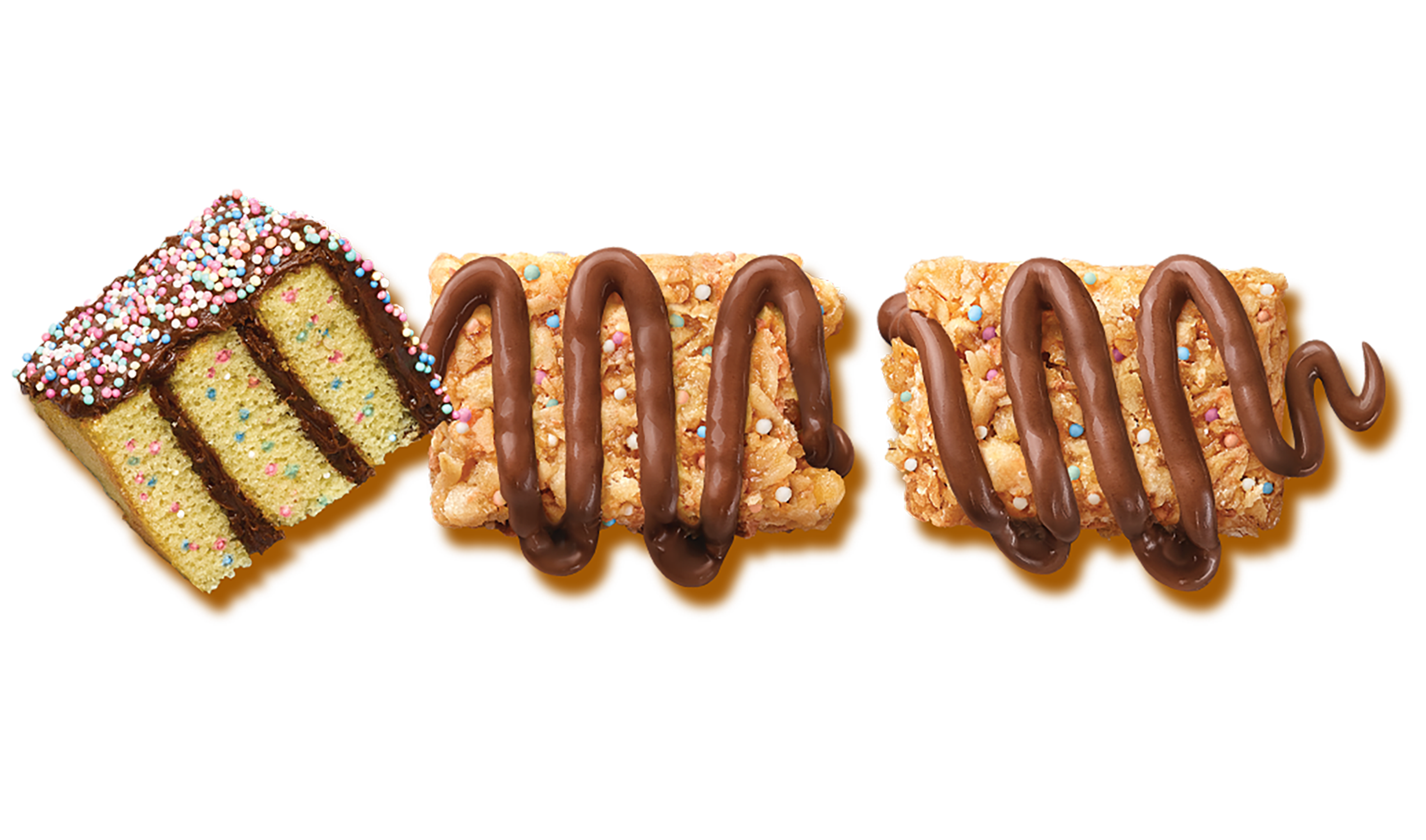 Granola bar with chocolate drizzle and cake