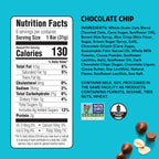 Nutrition facts label and ingredients list for a chocolate chip bar on a blue background