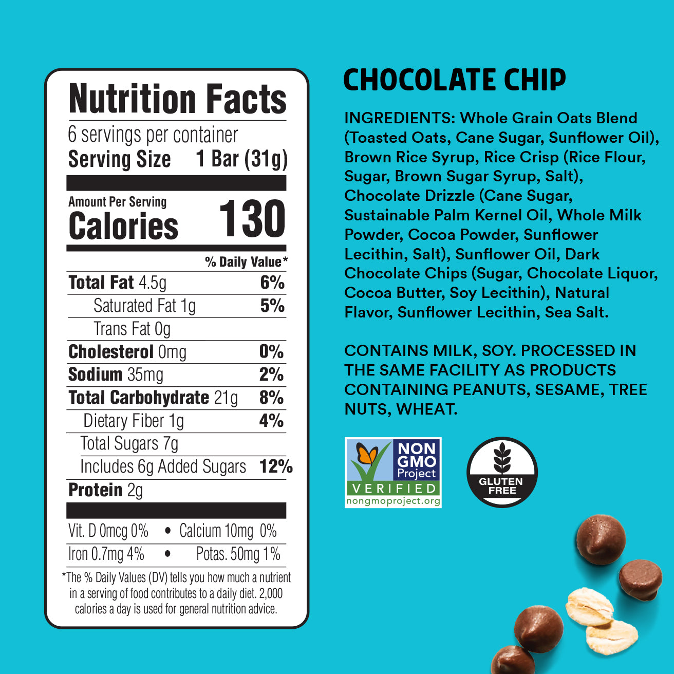 Nutrition facts label and ingredients list for a chocolate chip bar on a blue background