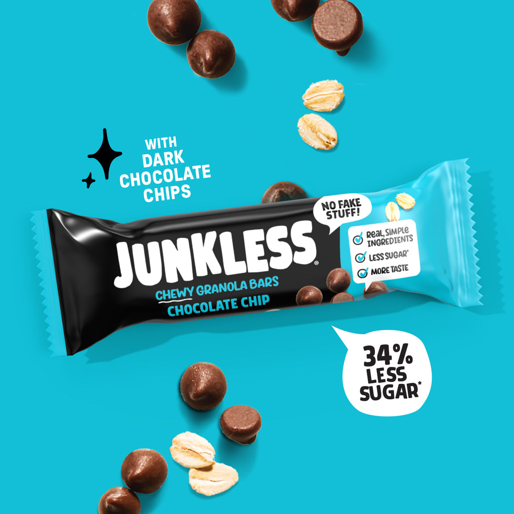 Junkless chocolate chip chewy granola bar on a blue background with ingredients around it.