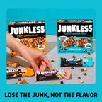 Junkless chewy granola bars packaging with a hand holding a bar on a blue background