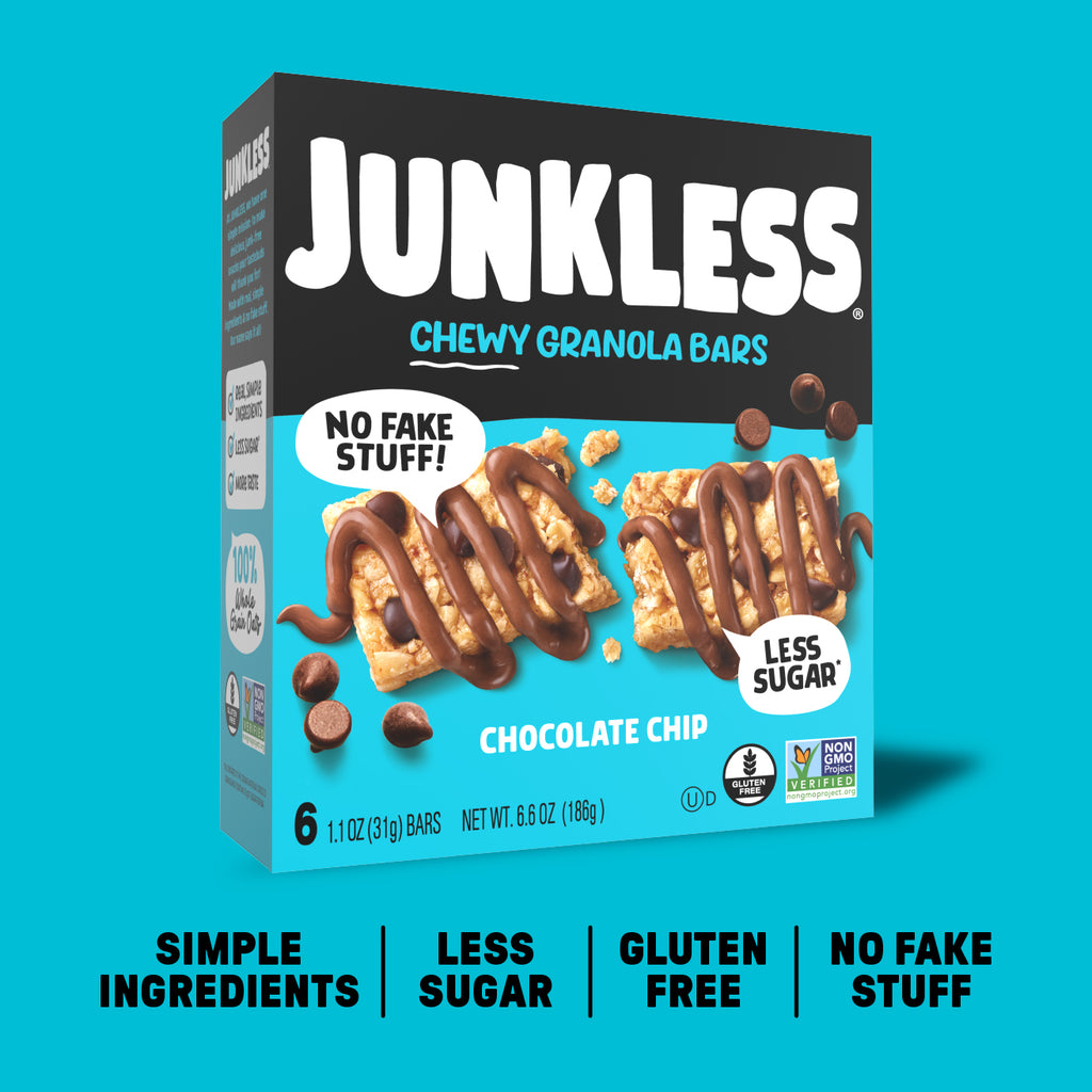 Box of Junkless Chewy Granola Bars on a blue background