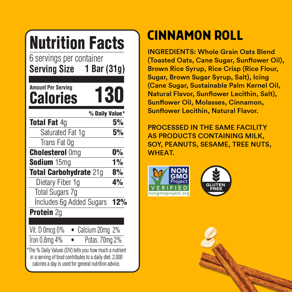 Nutrition facts label and ingredients list for cinnamon roll-flavored bars on a yellow background.