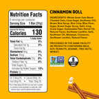 Nutrition facts label and ingredients list for cinnamon roll-flavored bars on a yellow background.