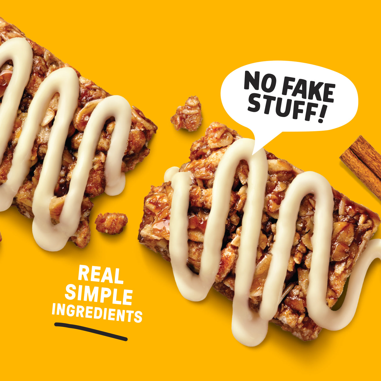 Granola bar with white drizzle on a yellow background with text 'No Fake Stuff! Real Simple Ingredients'.