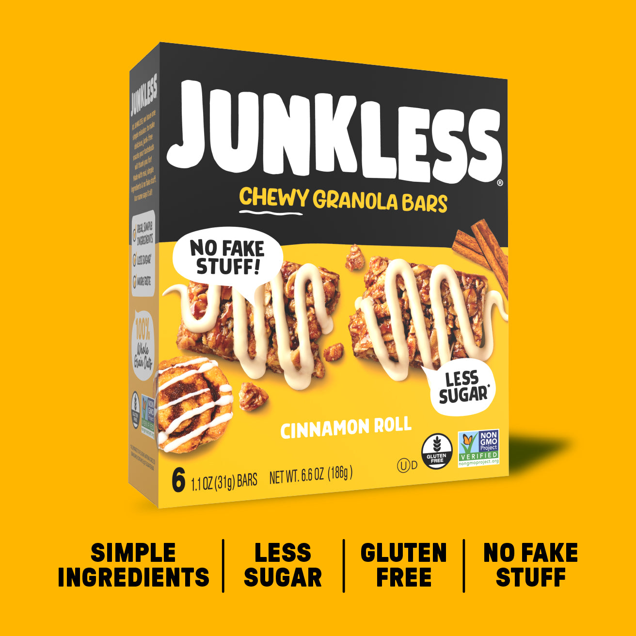 Box of Junkless Chewy Granola Bars on a yellow background