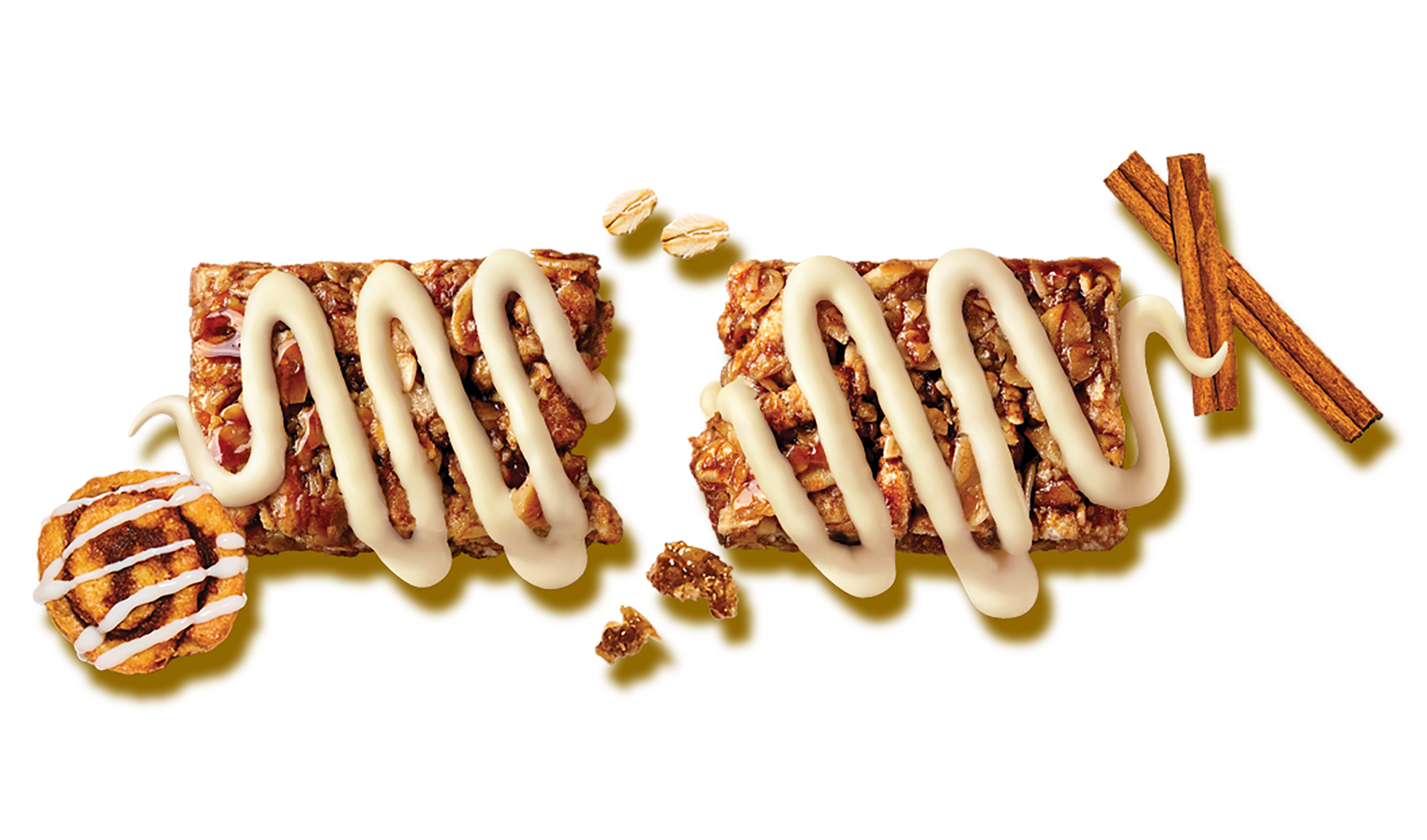 granola bar with white drizzle and cinnamon roll