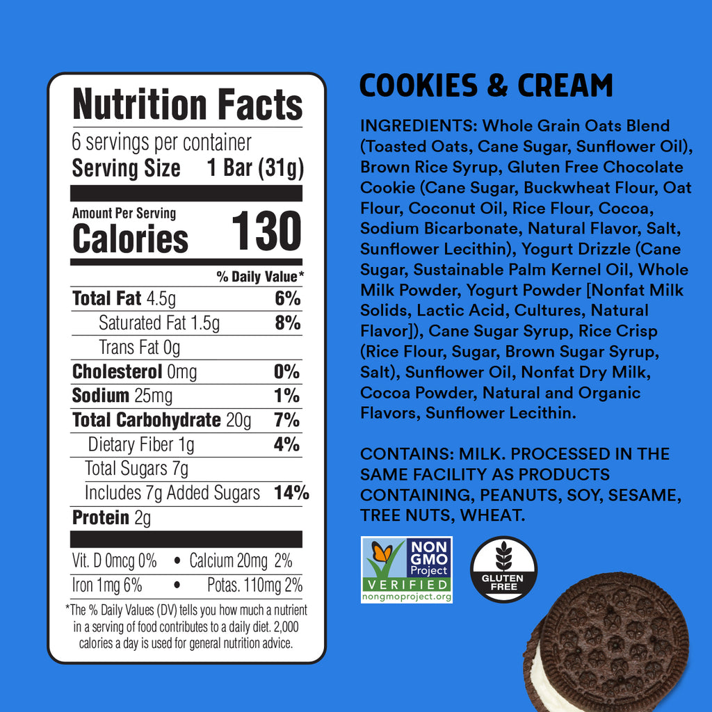 Nutrition facts label and ingredients list for a cookies and cream product on a blue background.