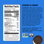 Nutrition facts label and ingredients list for a cookies and cream product on a blue background.
