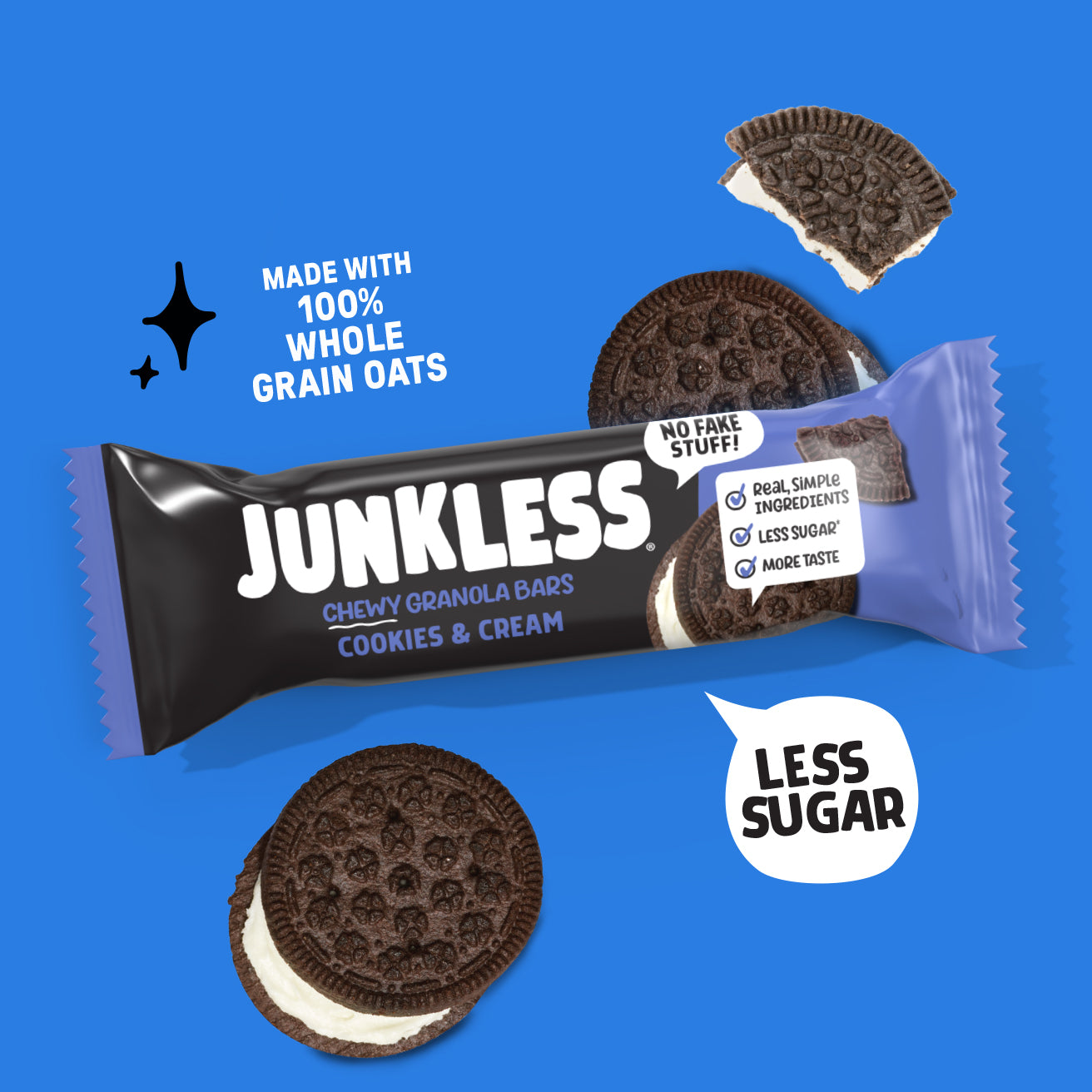 Junkless cookies & cream granola bar packaging on a blue background with cookies displayed.