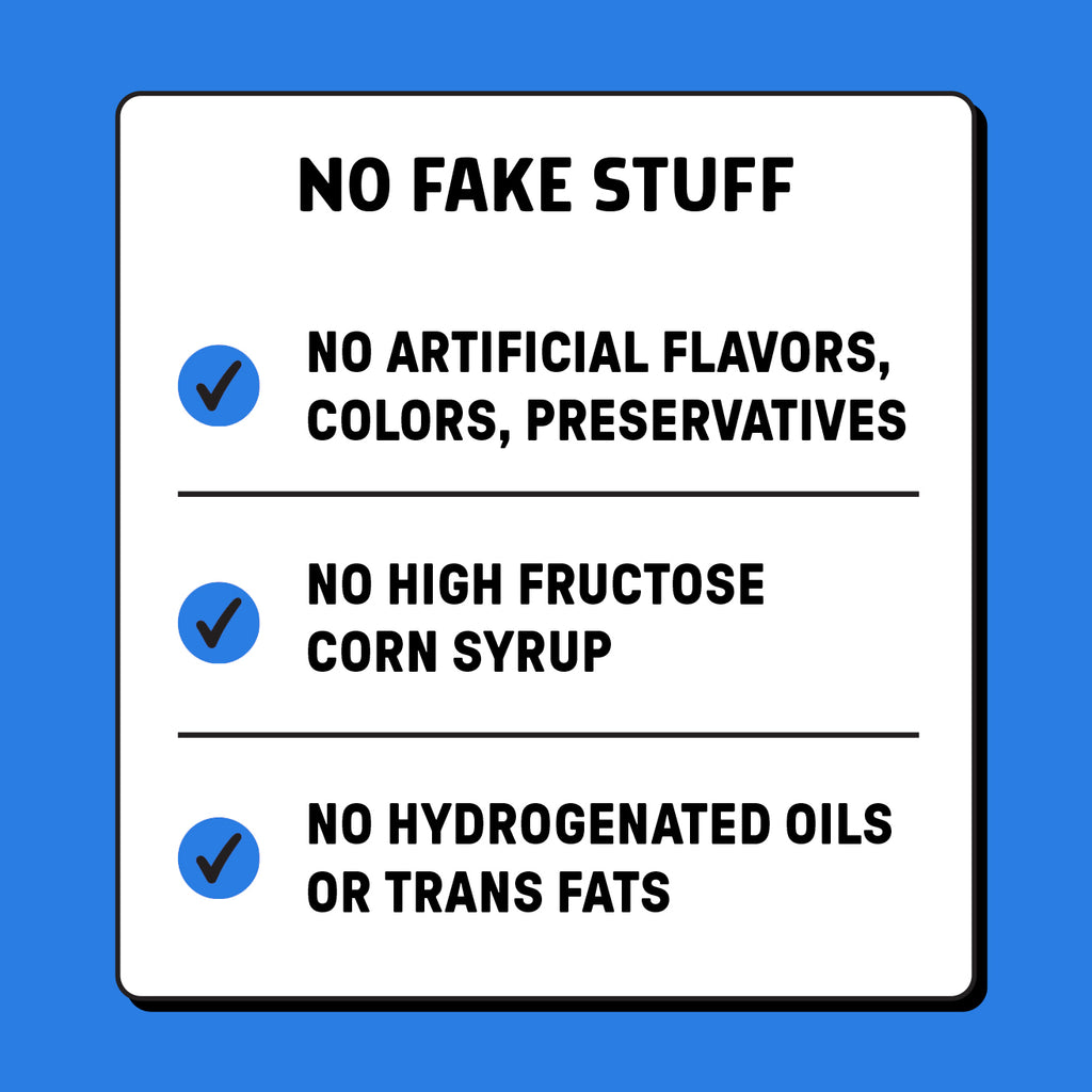 Product label with health claims on a blue background