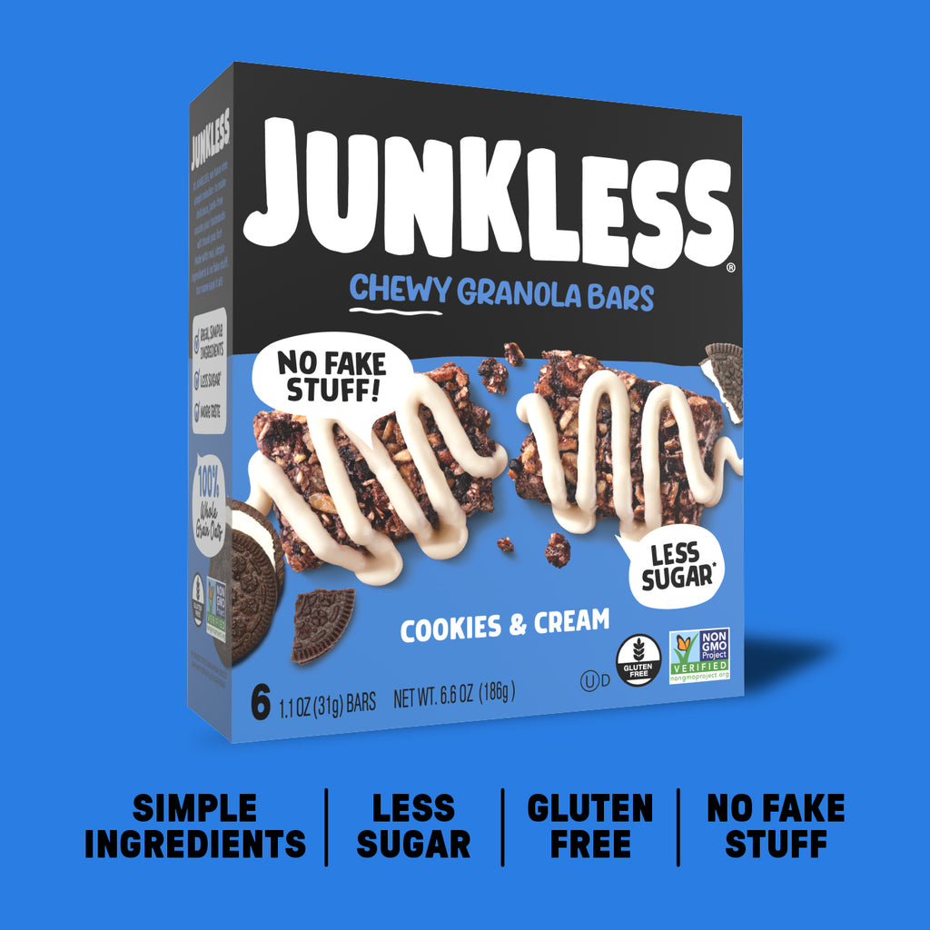 Box of Junkless Chewy Granola Bars on a blue background