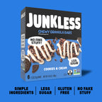 Box of Junkless Chewy Granola Bars on a blue background