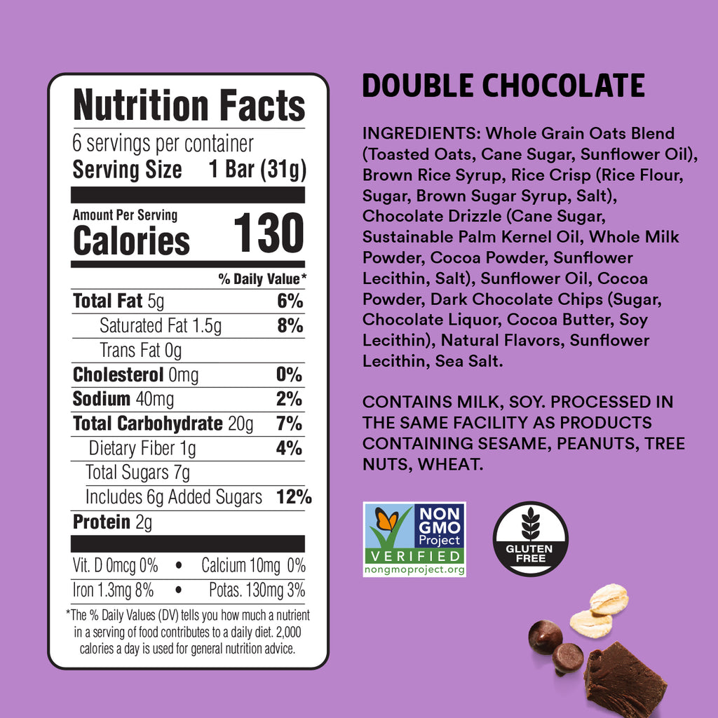 Nutrition facts label and ingredients list for a double chocolate bar on a purple background.