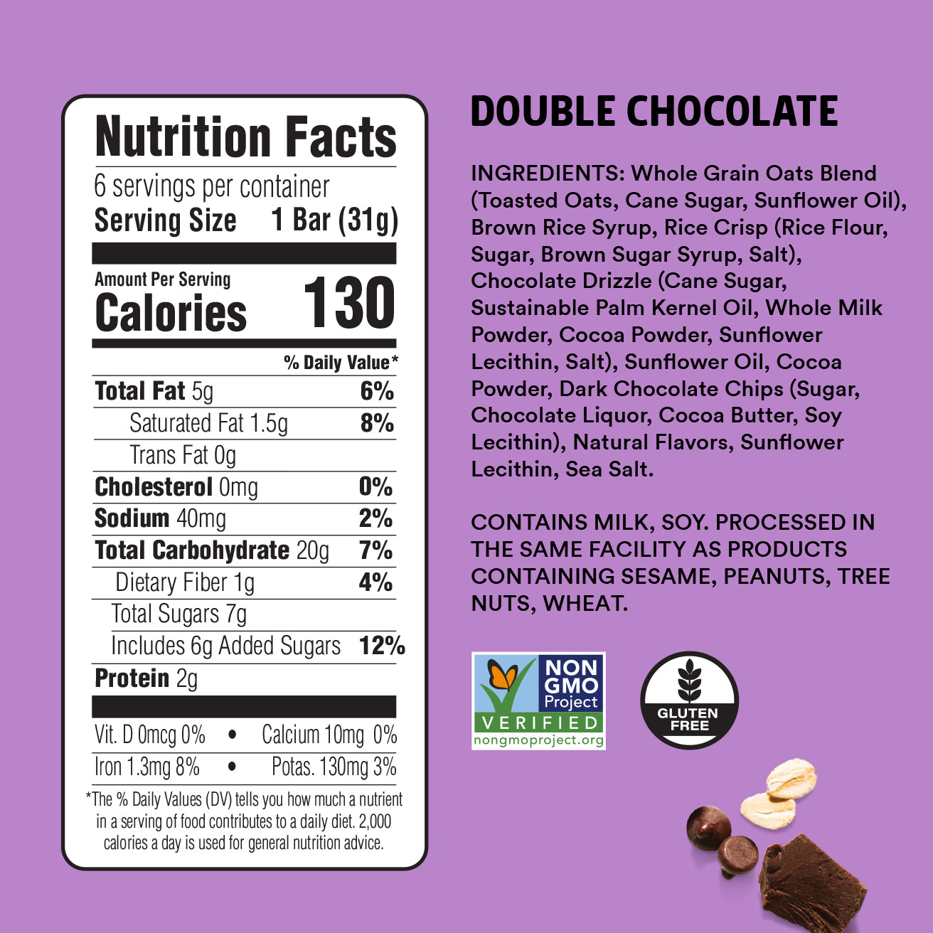 Nutrition facts label and ingredients list for a double chocolate bar on a purple background.